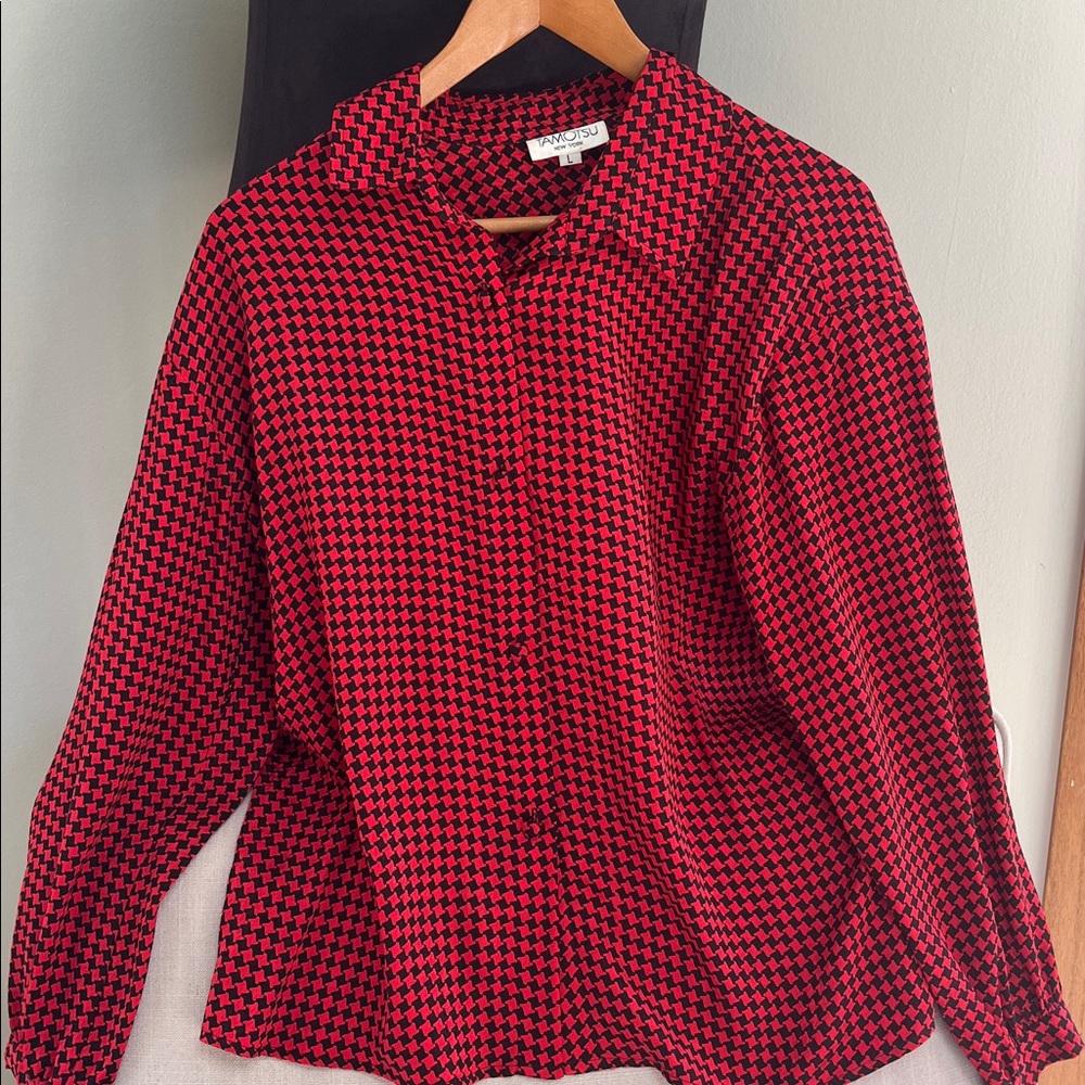Vintage Tamotsu Women's Red &Black Houndstooth Silk Blouse